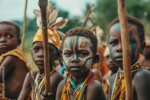 Candid photo of young people and kids from a African tribe half naked with cultural tattoos make-up, cosmetics and wooden stone spear weapon. ethnic groups of Africa photo