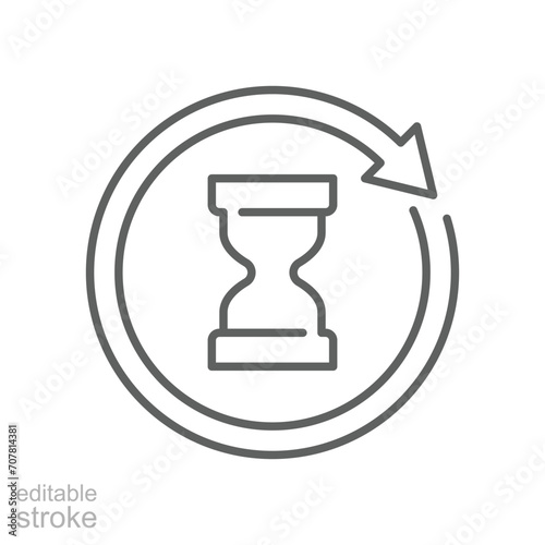 Anti aging hourglass icon. Simple outline style. Waiting slow time, anti old, clock, sandglass with round arrow, timer concept. Thin line symbol. Vector illustration isolated. Editable stroke.
