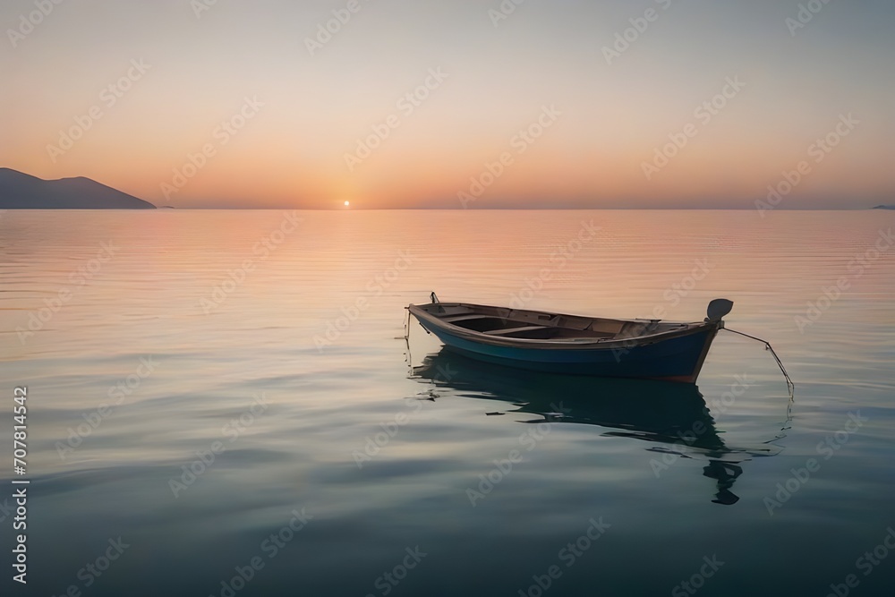 A boat in still water during sunset ai generated A boat in still water during sunset ai generated