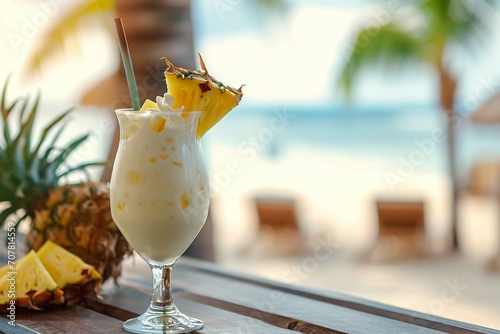 Closeup photo of fresh cold alcoholic fruit pinna colada cocktail drink glass with cream and pineapple with blurry tropical beach bar in the background. photo