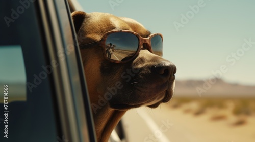 traveler dog with head out of car window, generative ai