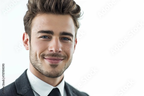 Closeup portrait of a handsome young white European American company office worker business man smiling and looking straight. used for a ad. isolated on white background.