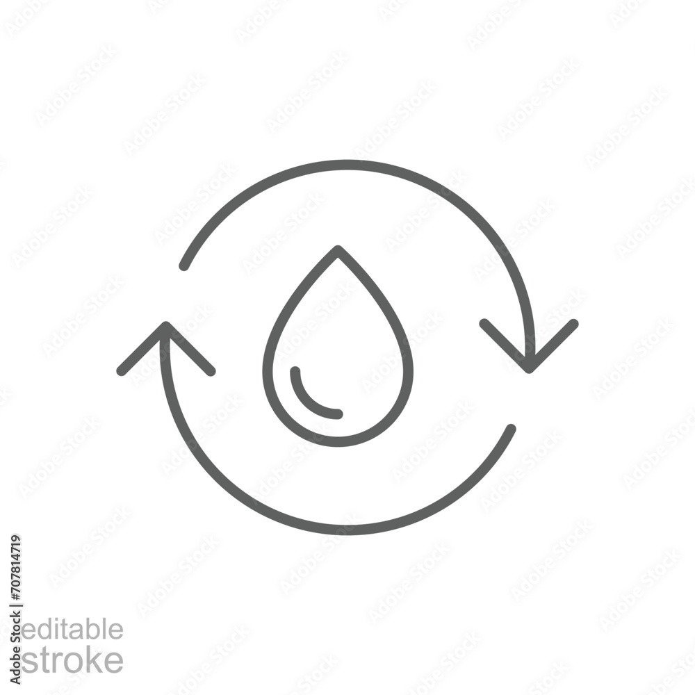 Recycle water icon. Simple outline style. Water drop with circle arrow, droplet, reduce, reuse, bio safe, energy efficient concept. Thin line symbol. Vector illustration isolated. Editable stroke.