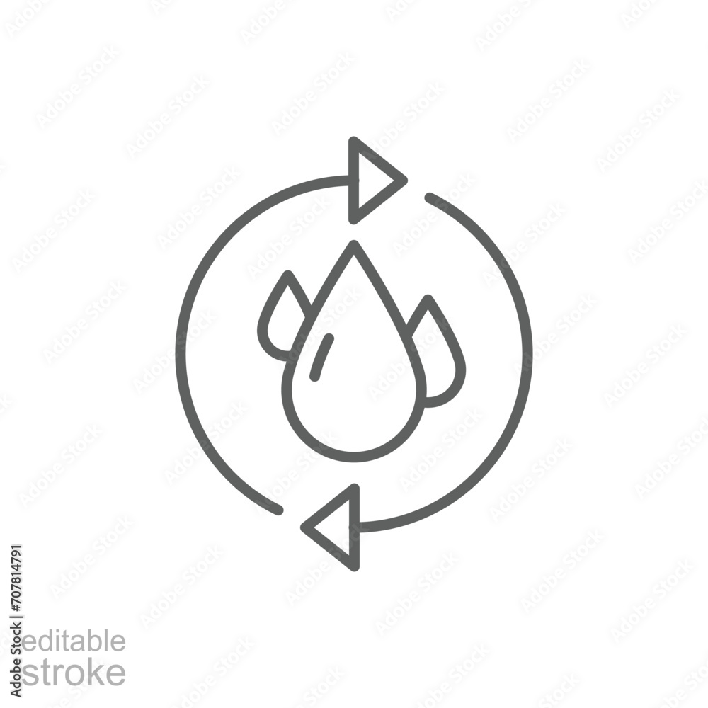 Recycle water icon. Simple outline style. Water drop with circle arrow, droplet, reduce, reuse, bio safe, energy efficient concept. Thin line symbol. Vector illustration isolated. Editable stroke. Recycle water icon. Simple outline style. Water drop with circle arrow, droplet, reduce, reuse, bio safe, energy efficient concept. Thin line symbol. Vector illustration isolated. Editable stroke.