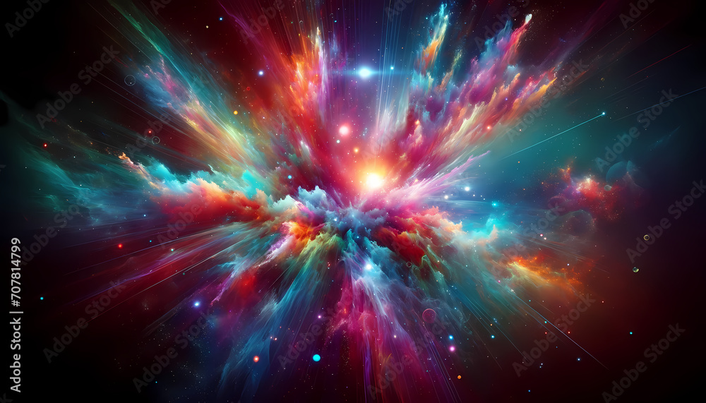Explosión Cósmica de Colores Arcoiris en el Espacio Profundo, Representando el Universo Infinito, los Fenómenos Galácticos y los Sistemas Planetarios Desconocidos - Ilustración Digital de Fantasía - obrazy, fototapety, plakaty 