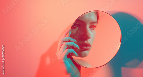 Mirror in a female hand with a reflection of a woman's face. Retrospective, conceptual background. photo