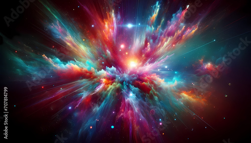 Explosión Cósmica de Colores Arcoiris en el Espacio Profundo, Representando el Universo Infinito, los Fenómenos Galácticos y los Sistemas Planetarios Desconocidos - Ilustración Digital de Fantasía photo
