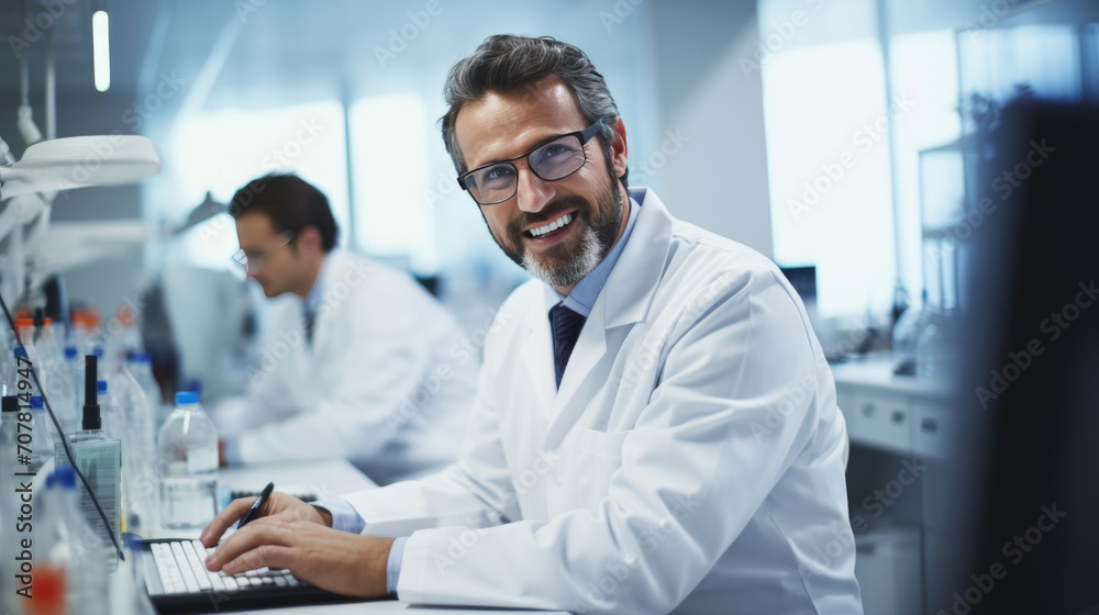 Happy male scientist with a beard and glasses is working on a computer in a modern laboratory Happy male scientist with a beard and glasses is working on a computer in a modern laboratory