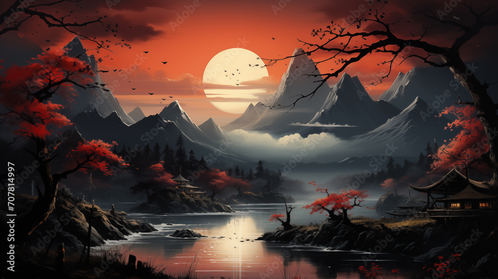 halloween landscape with moon