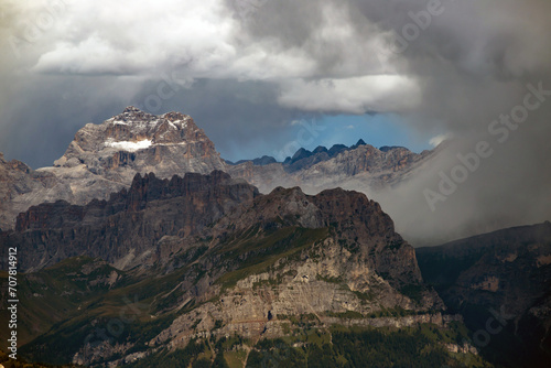 Panoramic view from the top of the Marmolada Glacier in summer mist, Dolomites, South Tyrol, Italy.