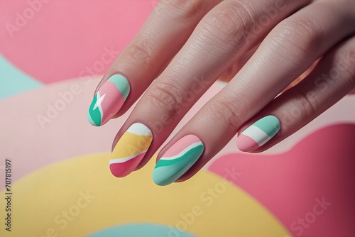 Perfect manicure in pastel colors with bauhaus brutalism retro print hand painted on nails, nail salon ad
