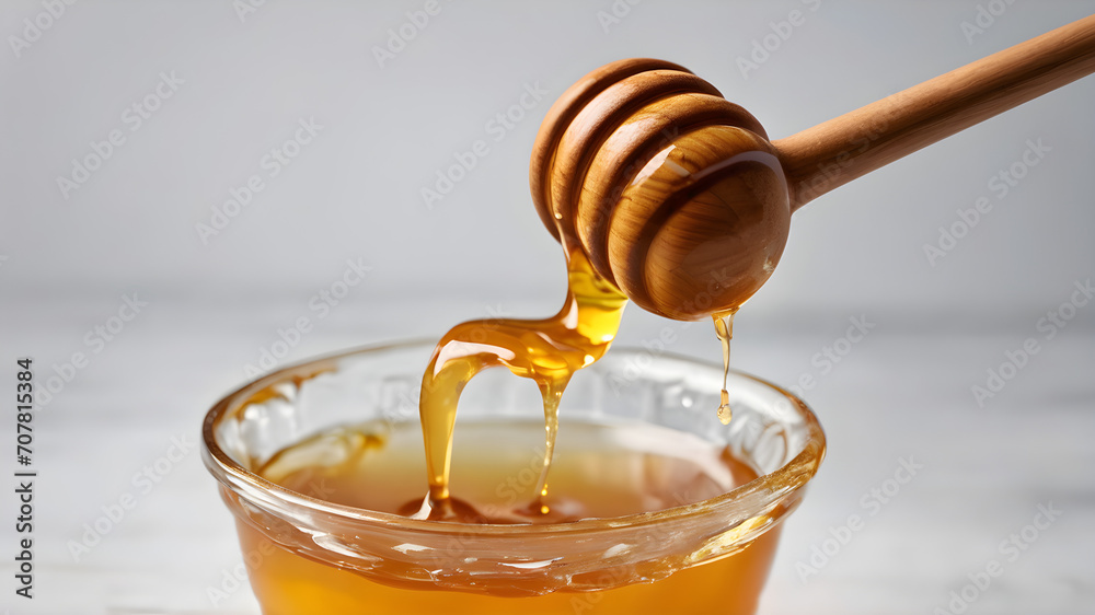wooden honey dipper with dripping honey, isolated on white background - obrazy, fototapety, plakaty 