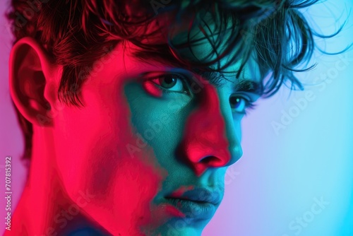 Futuristic studio portrait of a young American male model with neon lighting and a techno vibe.