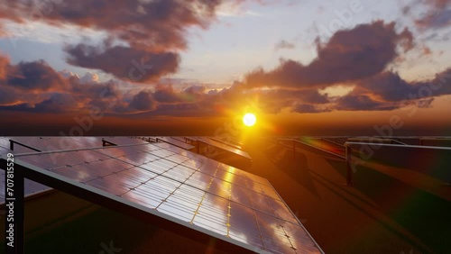 Gorgeous sunset over a solar panels farm