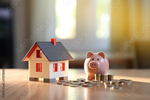 House and pig piggy bank with coins. Real estate and savings. Saving money to maintain property. Municipal budget for the maintenance of buildings. Price cost estimate. Payment of taxes and utilities photo