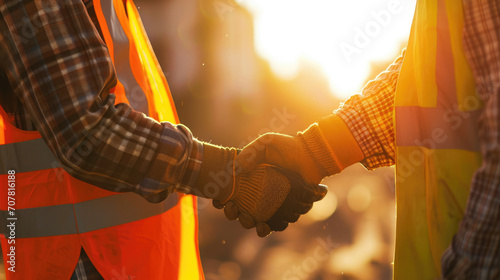 Two construction workers in safety gear engaging in a firm handshake