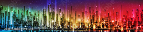 Urban vector cityscape at night. Skyline city silhouettes. City background with architecture  skyscrapers  megapolis  buildings  downtown.
