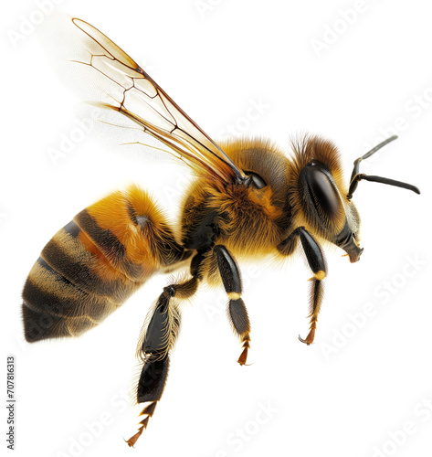 Closeup of a flying honey bee isolated on a transparent background © Flowal93