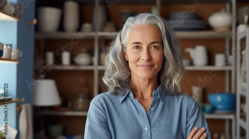 Smiling woman with grey hair standing in a cozy, well-organized kitchenware shop © MP Studio