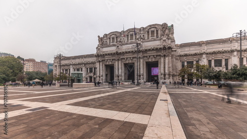 Panorama showing Milano Centrale timelapse - the main central railway station of the city of Milan in Italy.