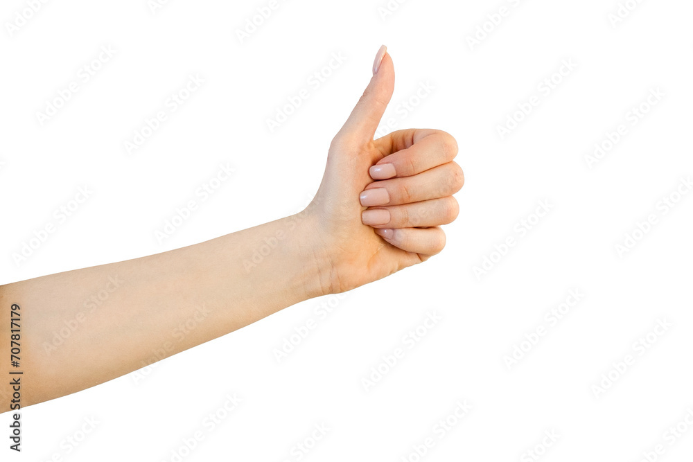A hand isolated on a white background with a thumbs up shows the class. A positive hand gesture, the hand of a white woman. A hand isolated on a white background with a thumbs up shows the class. A positive hand gesture, the hand of a white woman.
