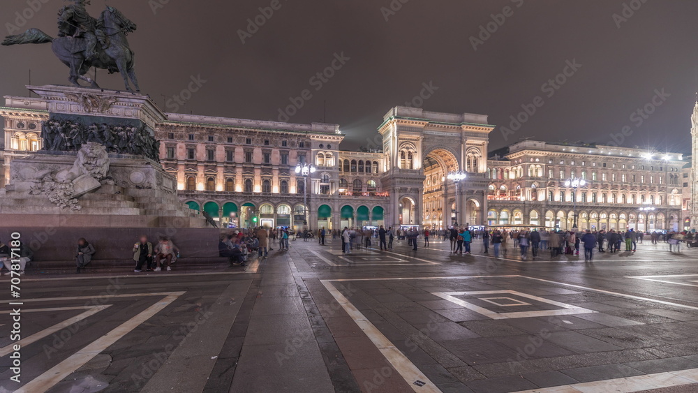 Panorama showing Milan Cathedral and Vittorio Emanuele gallery night timelapse.