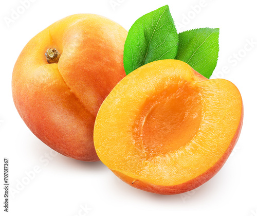 Ripe apricot with leaf and apricot half isolated on white background. File contains clipping path.