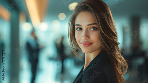 Successful young businesswoman standing in modern office and looking at camera. Woman entrepreneur in a co-working space smiling. Portrait of beautiful business woman standing. 