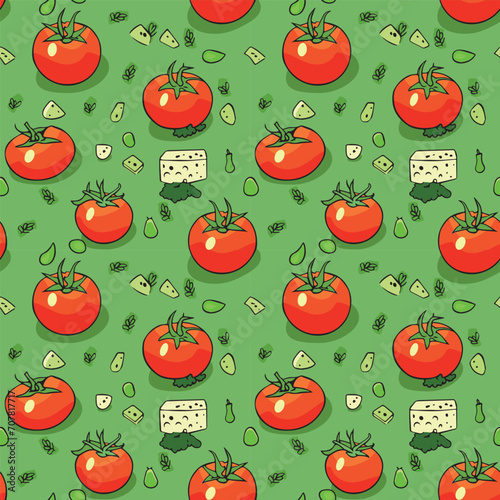 Tomatoes, greens, cheese seamless pattern in with products for soup, salad, sauce and other delicious Vegetarian food for gourmets who love to eat. Vector.