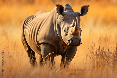 An adult rhinoceros with big nose walking with a herd of grasses, in the style of backlight, photo-realistic landscapes, wimmelbilder, unprimed canvas, strong facial expression, close up, light beige 