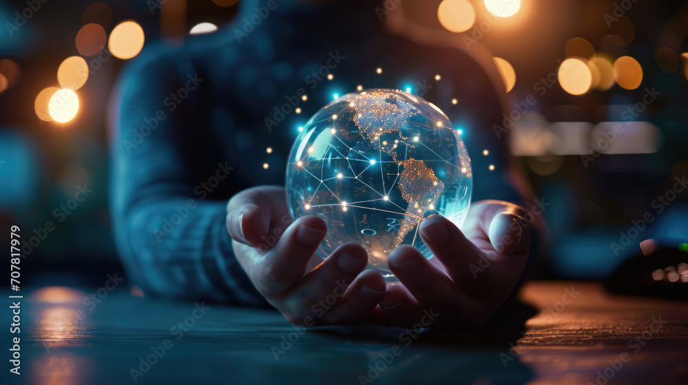 Pair of hands holding a transparent globe with digital connections and nodes superimposed over it, representing a network, global communication - obrazy, fototapety, plakaty 