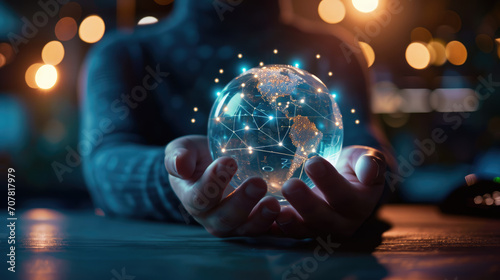 Pair of hands holding a transparent globe with digital connections and nodes superimposed over it, representing a network, global communication photo