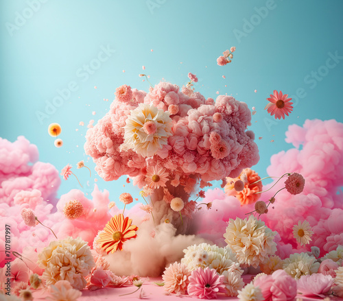 Romantic springtime background. Flowers bouquet exploding as a nuclear blast.