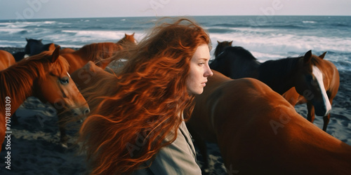 A girl with red hair on the background of a herd of wild orange horses