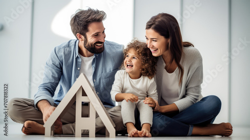 Father  mother  and young child sitting closely together inside a house  forming a warm and affectionate portrait.