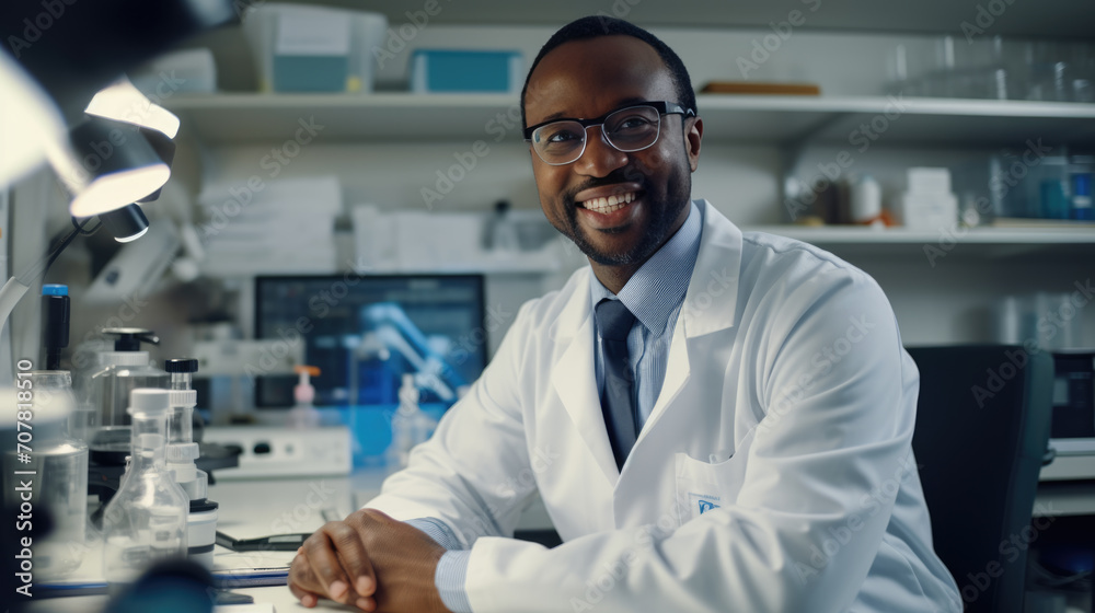 Happy male scientist with a beard and glasses is working on a computer in a modern laboratory Happy male scientist with a beard and glasses is working on a computer in a modern laboratory