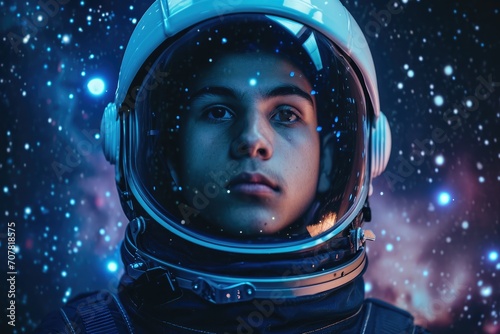 Science fiction studio portrait of a young Latino man as an astronaut, with a futuristic helmet, isolated on a space background with stars