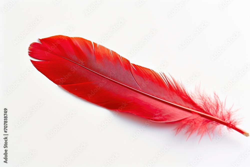 Single red feather with a heart-shaped tip, on a white background Single red feather with a heart-shaped tip, on a white background
