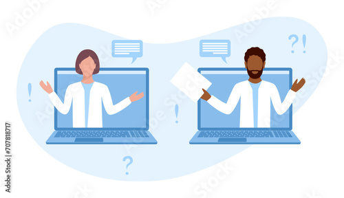 White female and black male doctors talking on laptop screen. Medical consultation or conference online. Flat vector illustration