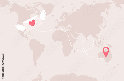 Winged envelope with heart, map pin icon and dashed route on world map background. Sending a love letter. Flat vector illustration