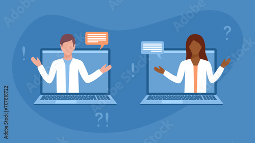 White male and black female doctors talking on laptop screen. Medical consultation or conference online. Flat vector illustration