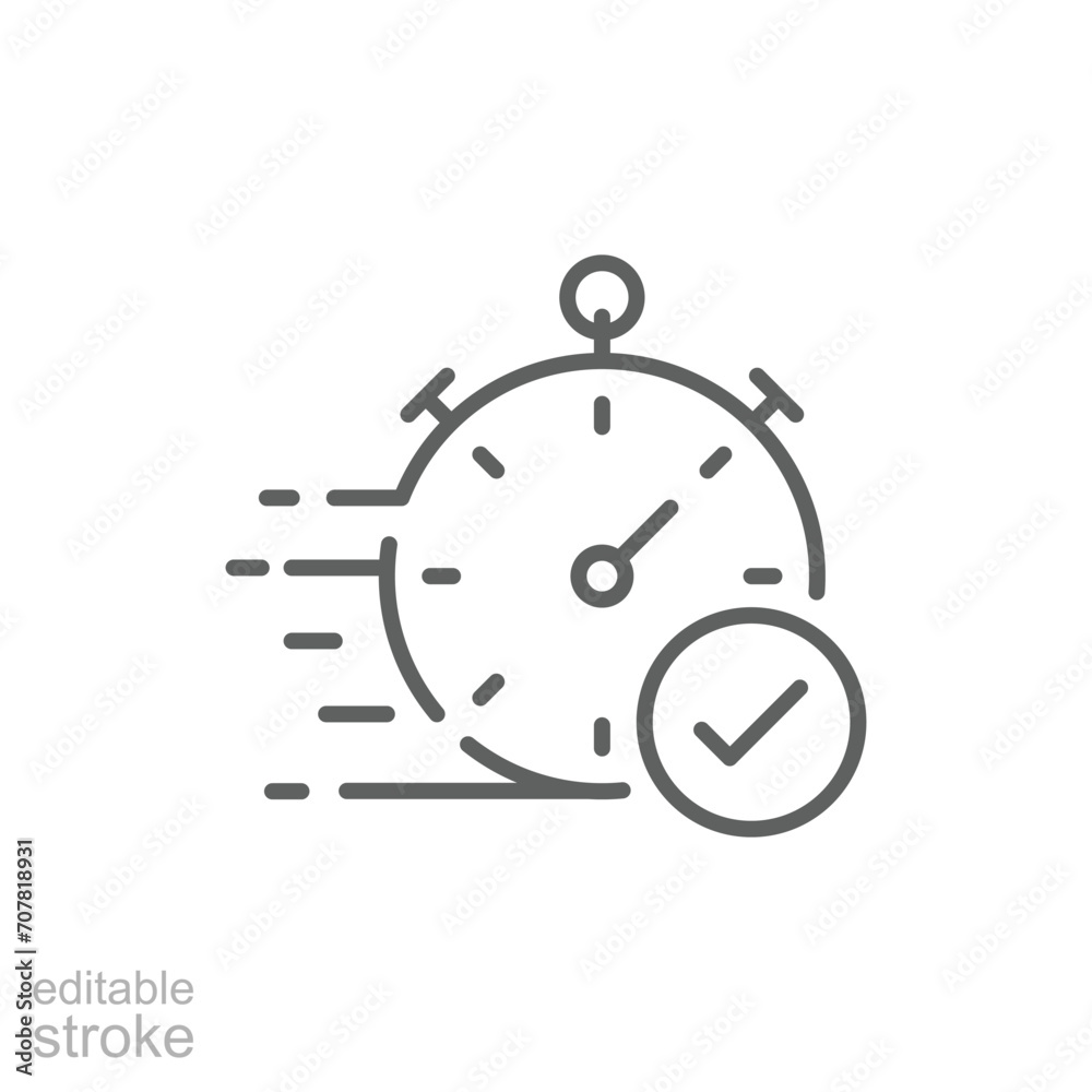 Quick approval icon. Simple outline style. Stopwatch, quick transfer, fast transaction, business concept. Thin line symbol. Vector illustration isolated on white background. Editable stroke. Quick approval icon. Simple outline style. Stopwatch, quick transfer, fast transaction, business concept. Thin line symbol. Vector illustration isolated on white background. Editable stroke.