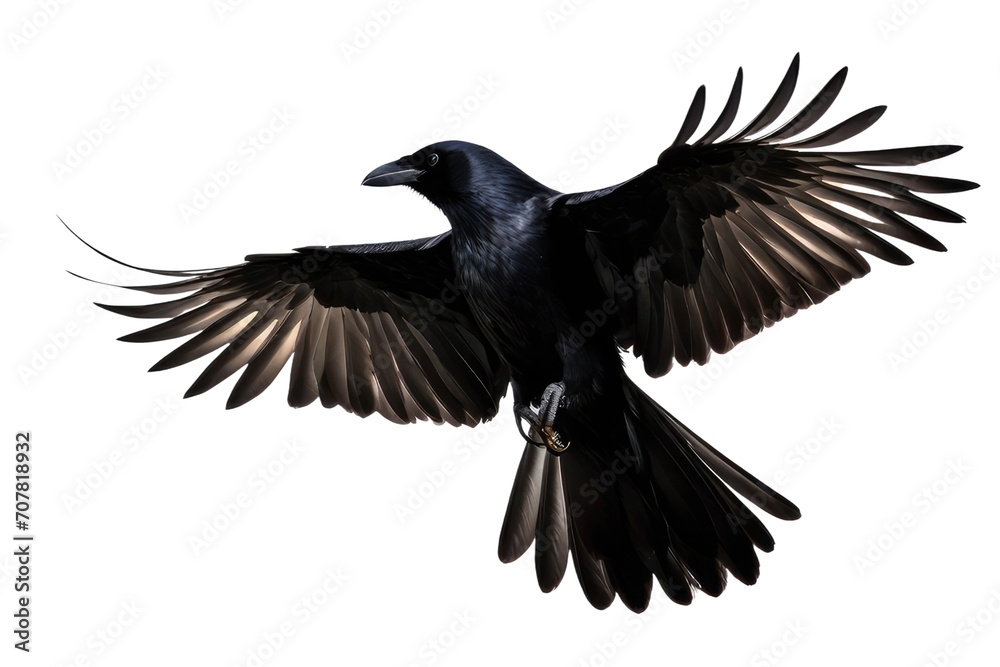 Fototapeta premium a high quality stock photograph of a single flying spread winged crow isolated on a transparant or white background