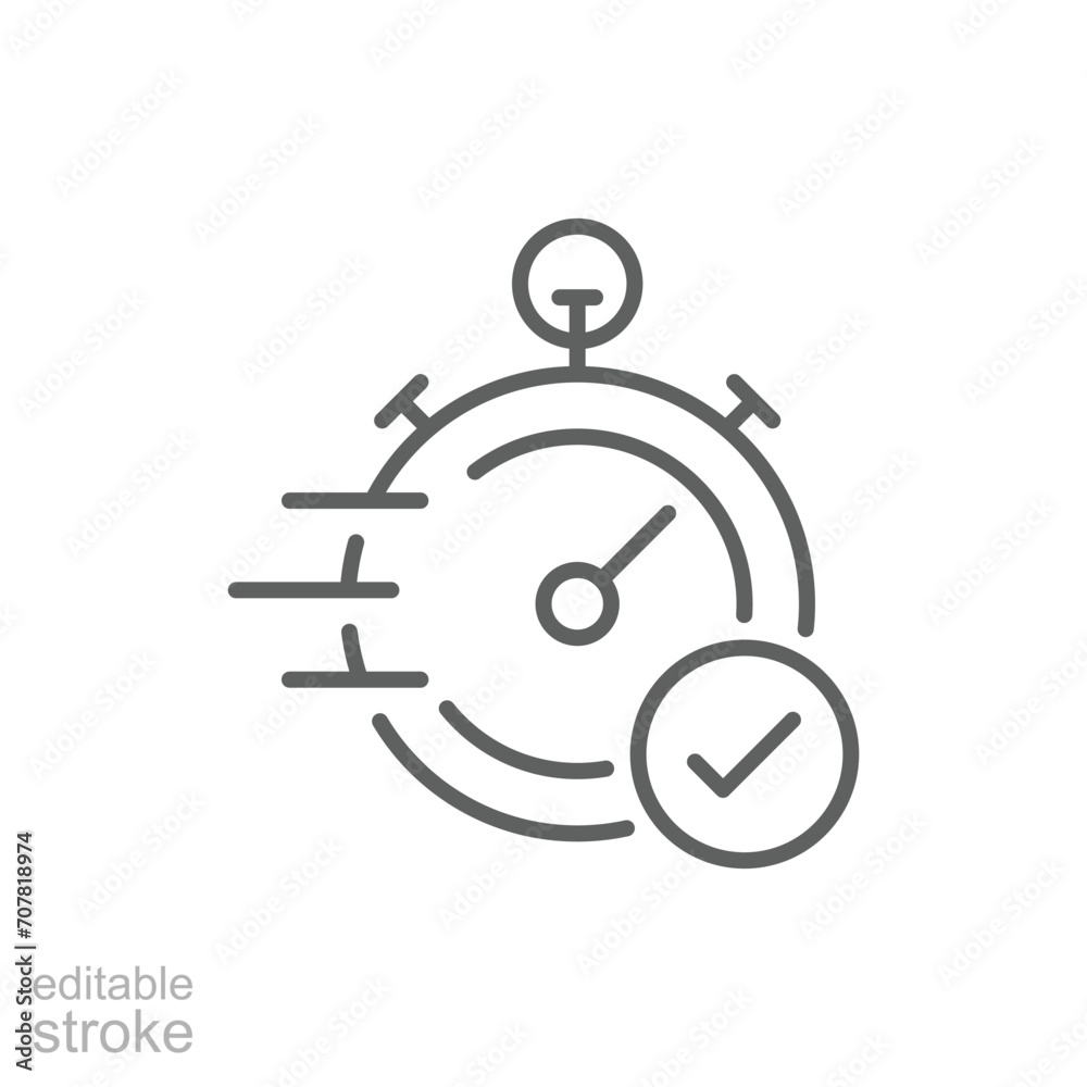 Quick approval icon. Simple outline style. Stopwatch, quick transfer, fast transaction, business concept. Thin line symbol. Vector illustration isolated on white background. Editable stroke. Quick approval icon. Simple outline style. Stopwatch, quick transfer, fast transaction, business concept. Thin line symbol. Vector illustration isolated on white background. Editable stroke.