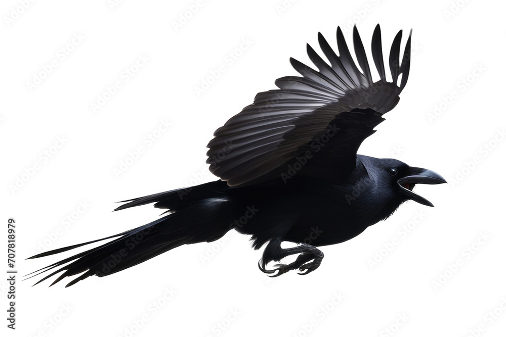 Fototapeta premium a high quality stock photograph of a single flying spread winged crow isolated on a transparant or white background