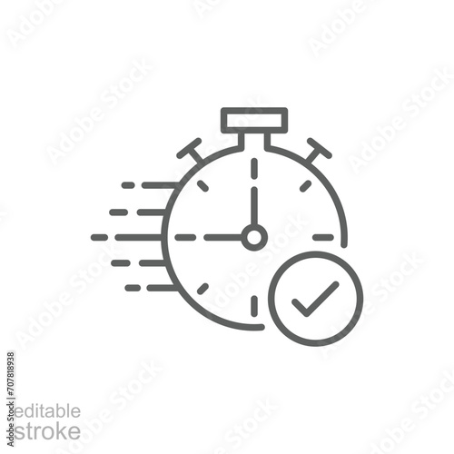 Quick approval icon. Simple outline style. Stopwatch, quick transfer, fast transaction, business concept. Thin line symbol. Vector illustration isolated on white background. Editable stroke.