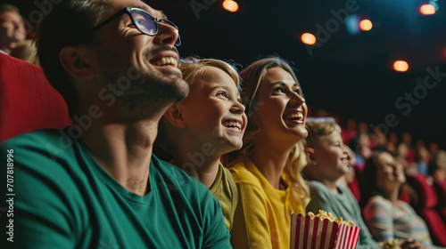 Family is smiling and watching a movie in a cinema, with a child and everyone looking happy and engaged with the screen.