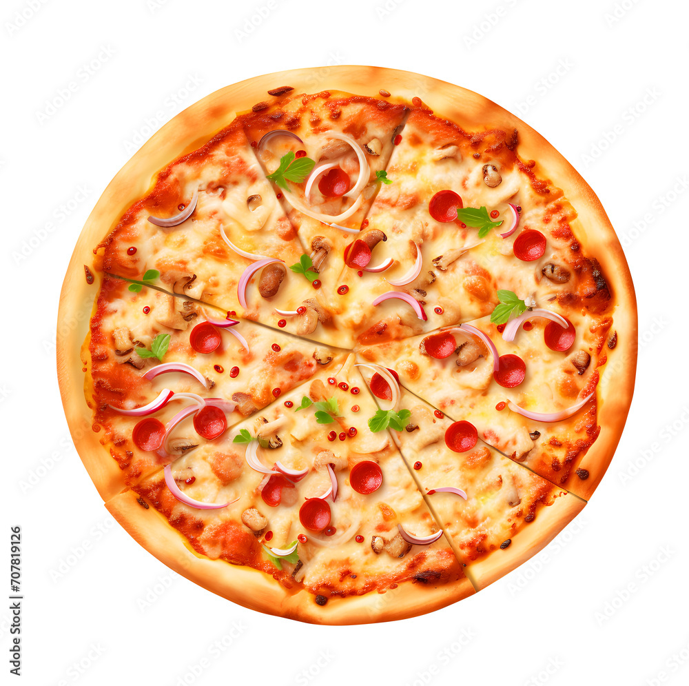 Top view of Delicious pepperoni pizza and tomato basil cooking ingredients, PNG file, isolated background.