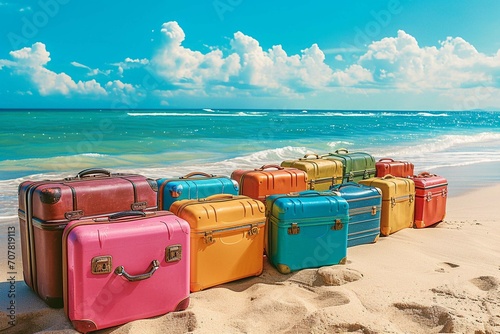 Many colorful travel luggage suitcases on a sea ocean beach with sand. sunny perfect warm weather with blue sky and water.