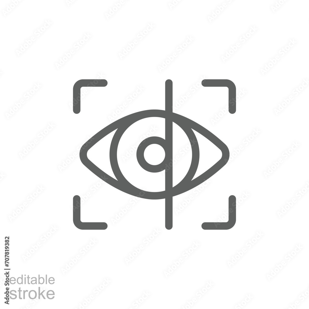 Eye scan icon. Simple outline style. Visual identity, focus, view, vision, future tech, eye with scanning frame, technology concept. Thin line symbol. Vector illustration isolated. Editable stroke. Eye scan icon. Simple outline style. Visual identity, focus, view, vision, future tech, eye with scanning frame, technology concept. Thin line symbol. Vector illustration isolated. Editable stroke.